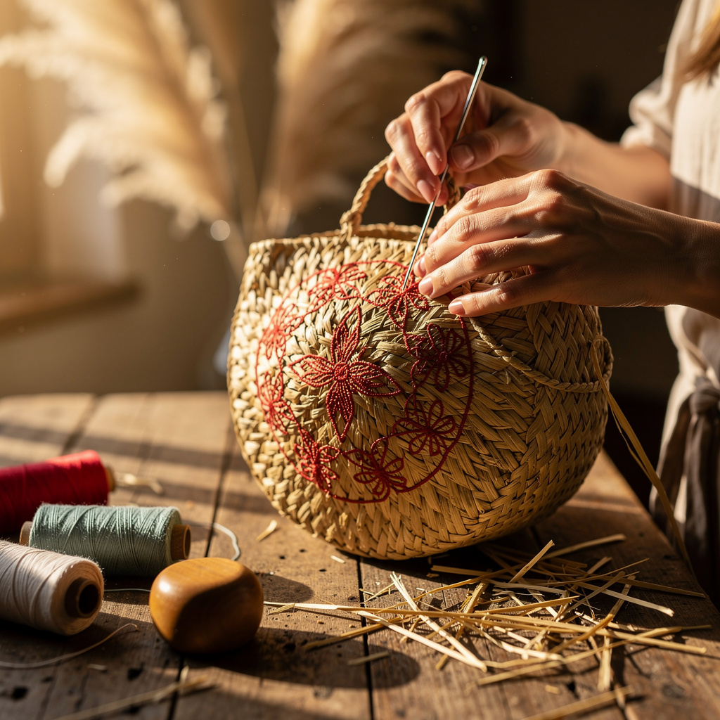 Création de sacs en paille brodés